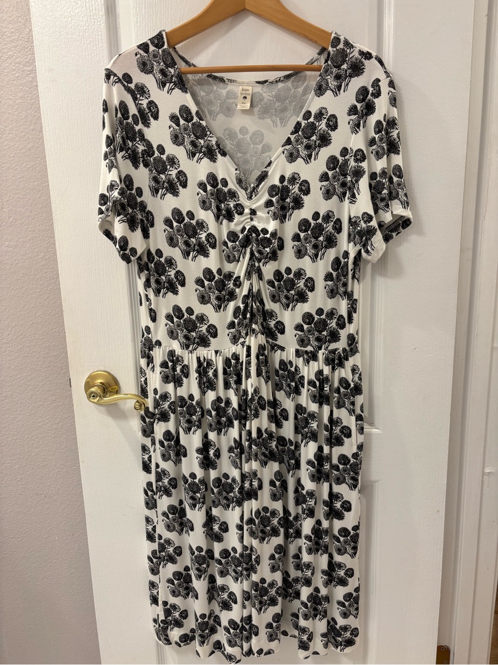 kate quinn Bamboo Viscose Black White Floral V-Neck Midi Dress Plus size XXL